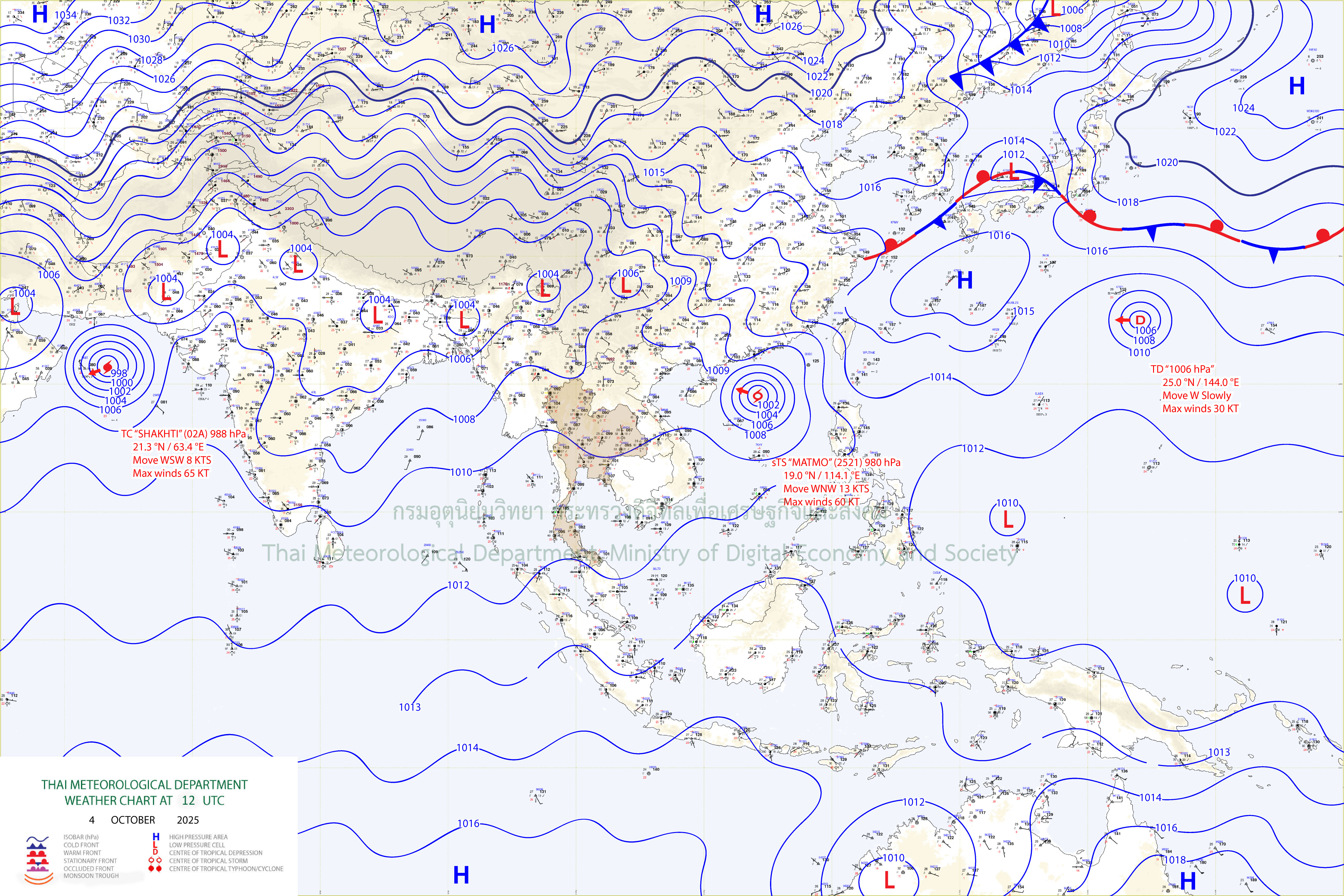 แผนที่อากาศผิวพื้น 4 ตุลาคม 2568 19:00