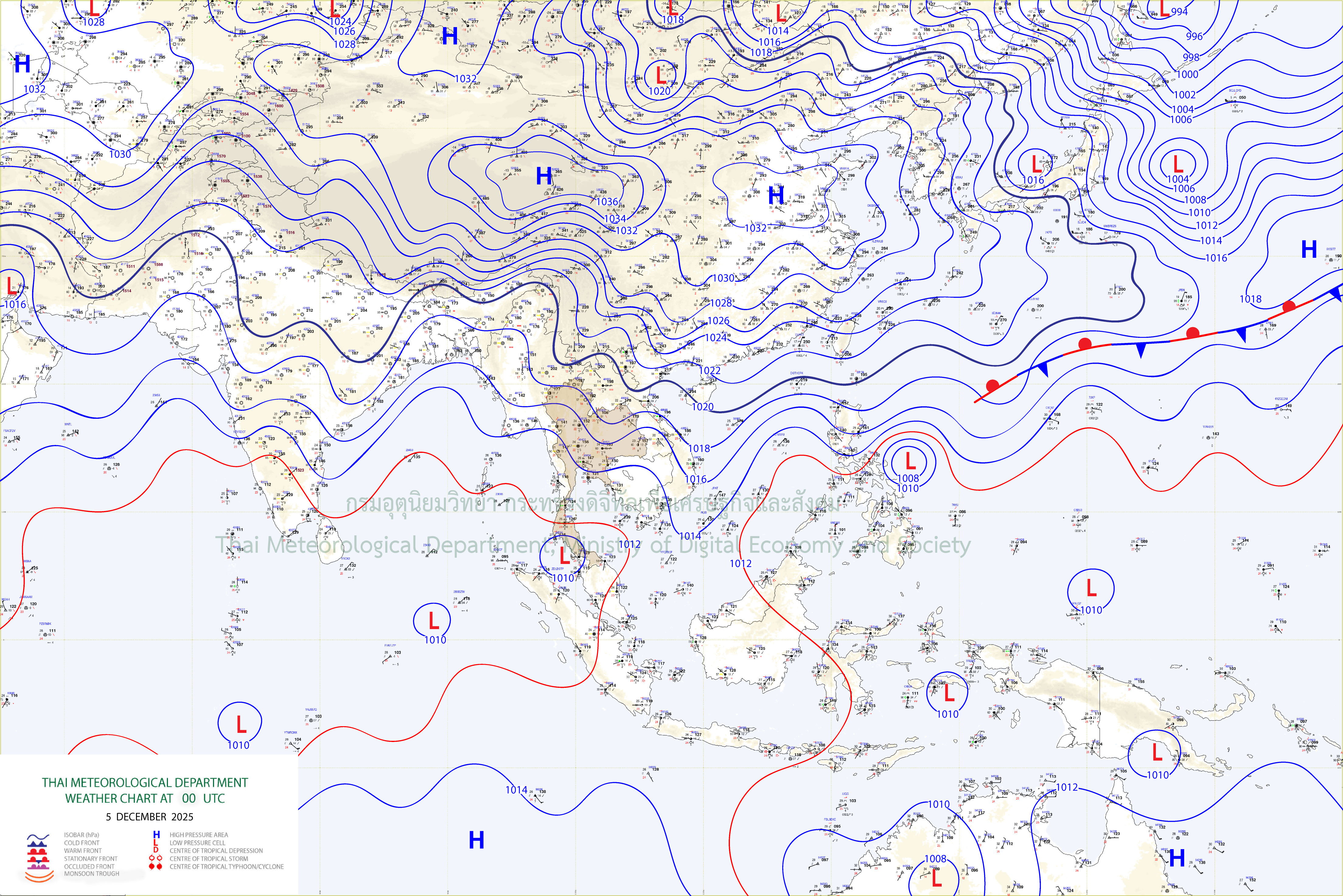 แผนที่อากาศผิวพื้น 5 ธันวาคม 2568 07:00
