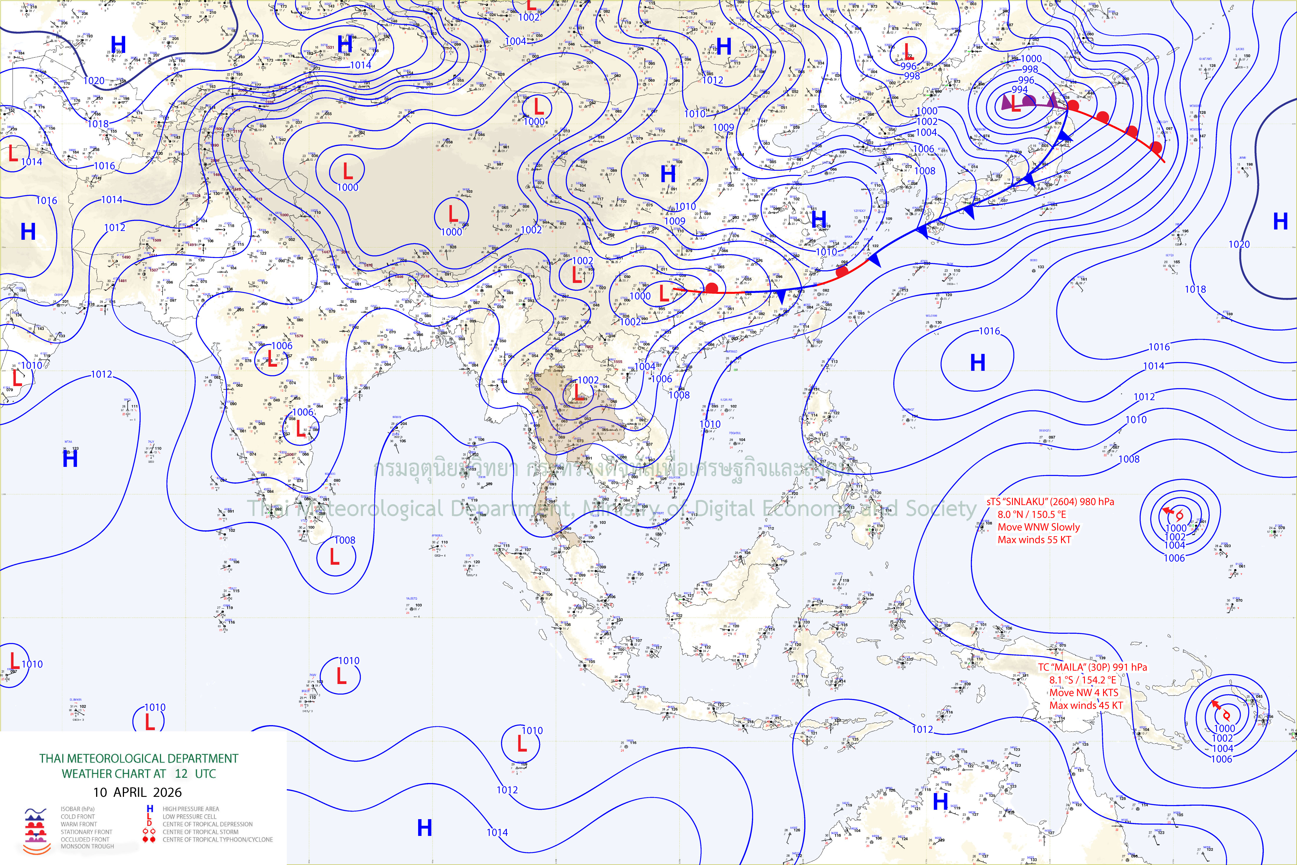 แผนที่อากาศผิวพื้น 10 เมษายน 2569 19:00