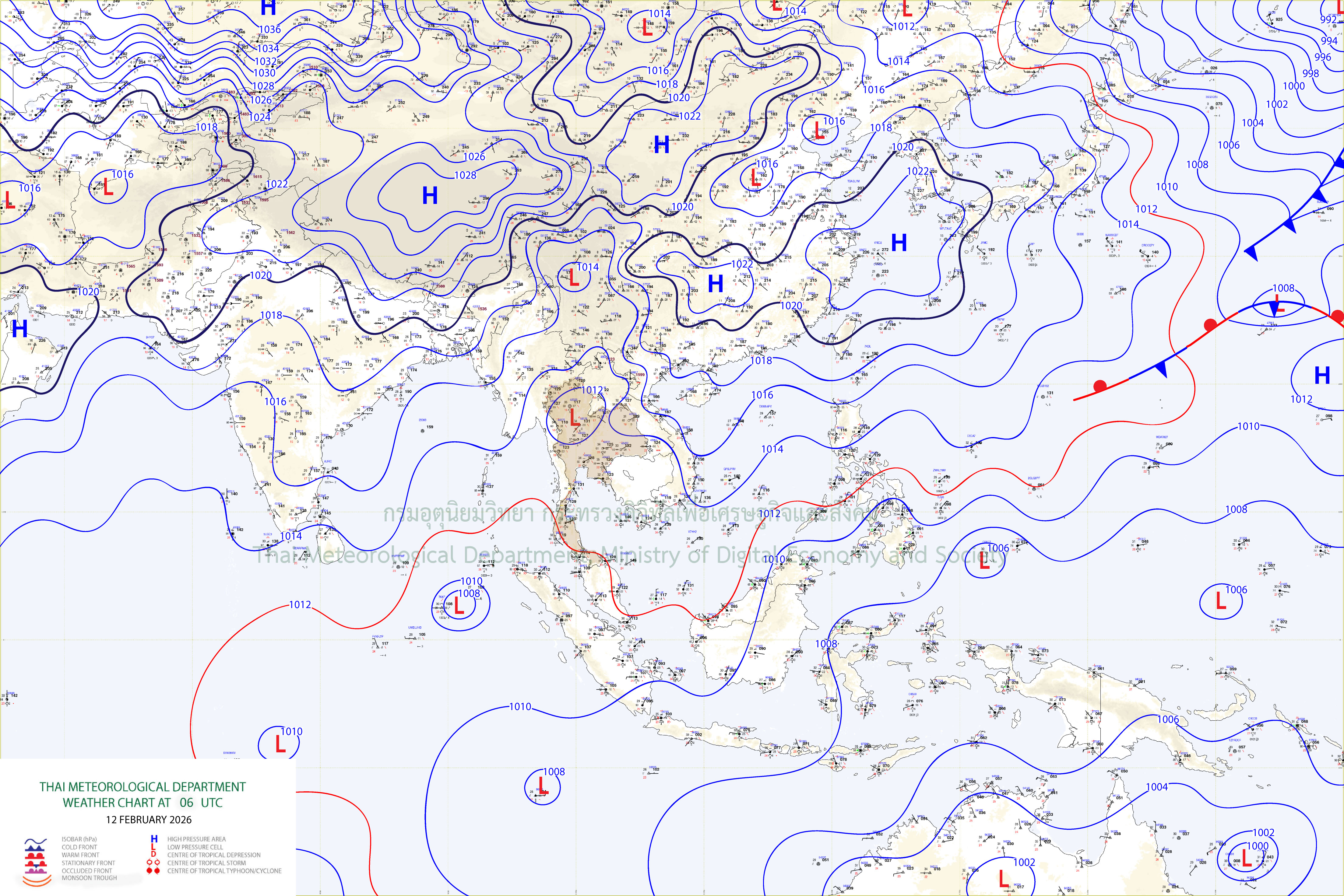 แผนที่อากาศผิวพื้น 12 กุมภาพันธ์ 2569 13:00
