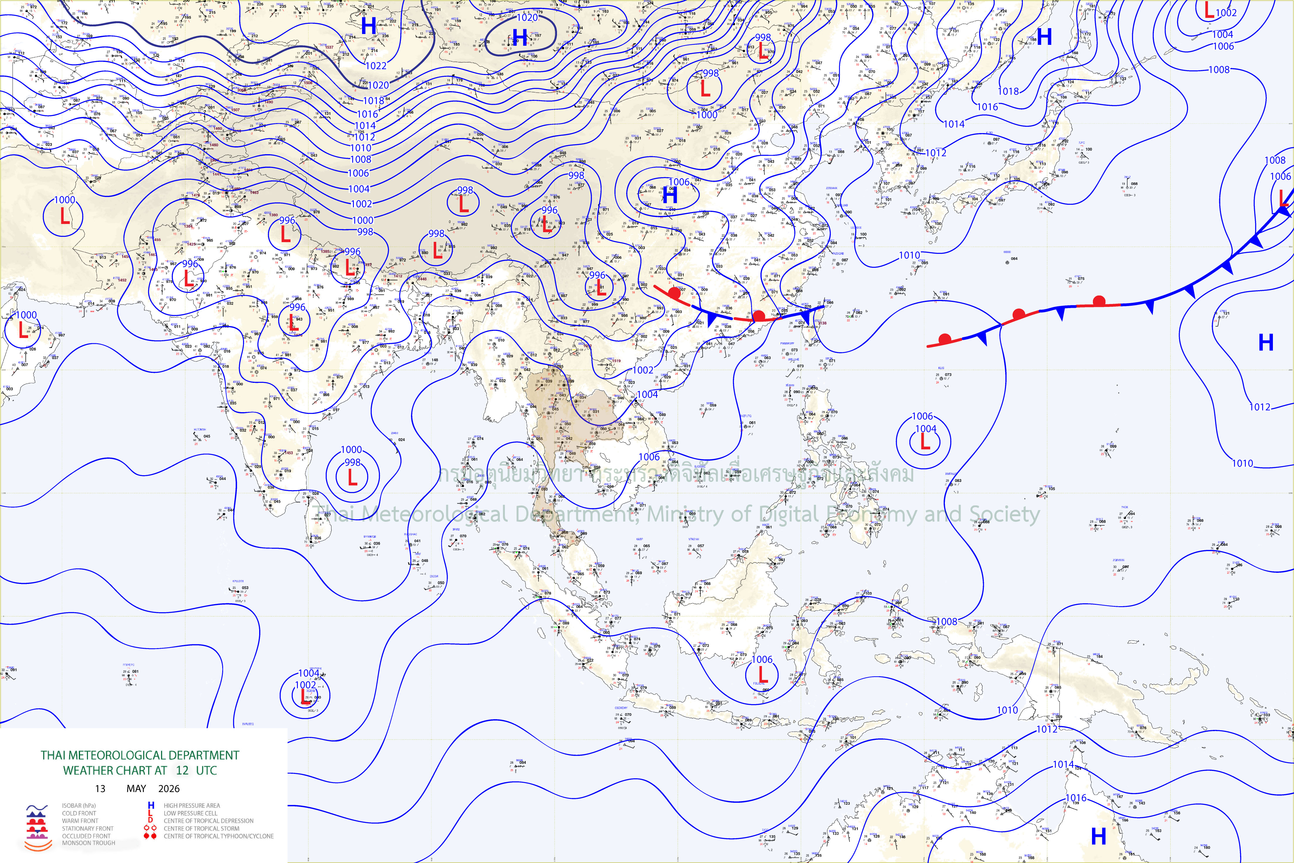 แผนที่อากาศผิวพื้น 13 พฤษภาคม 2569 19:00