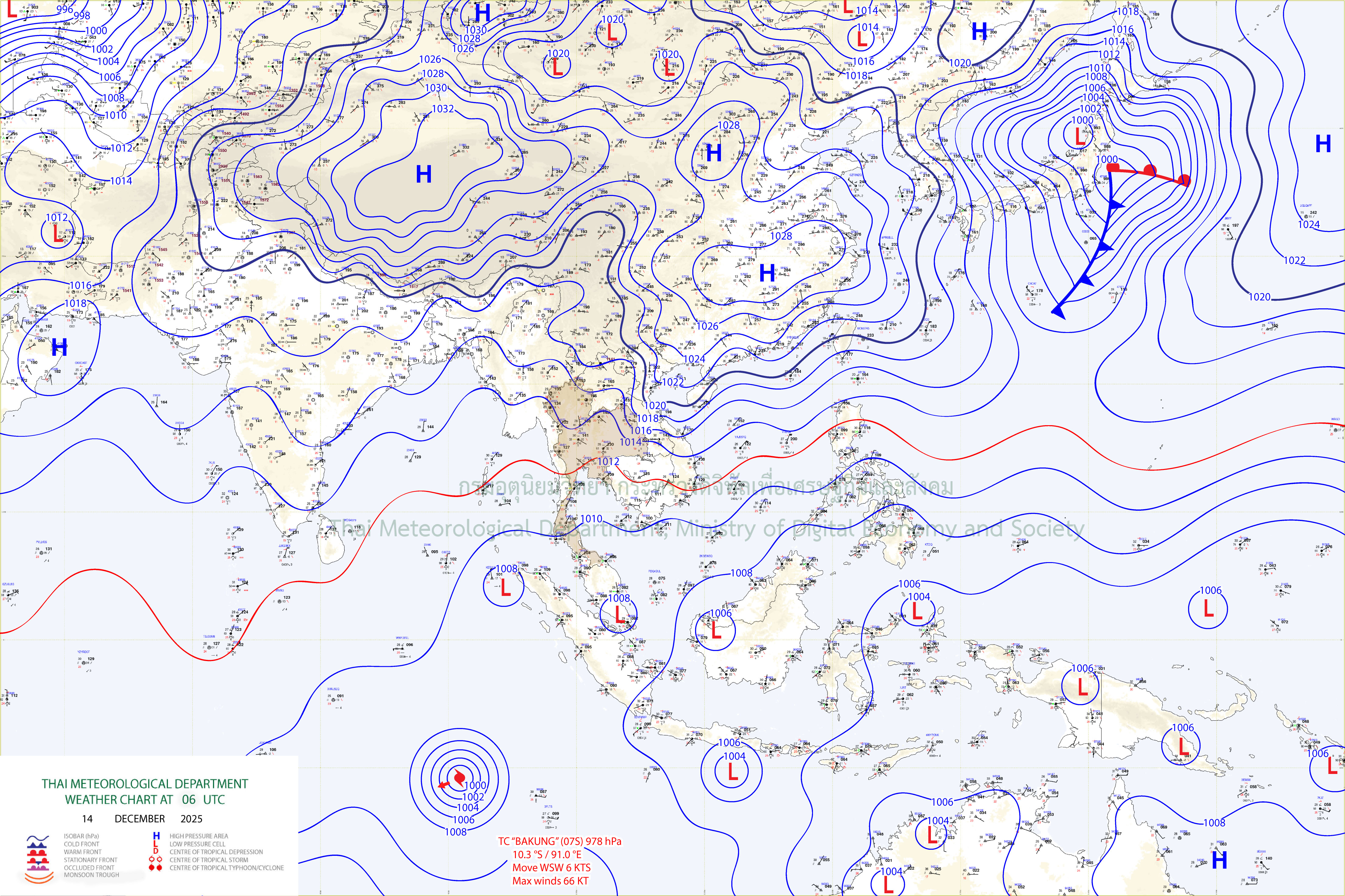 แผนที่อากาศผิวพื้น 14 ธันวาคม 2568 13:00