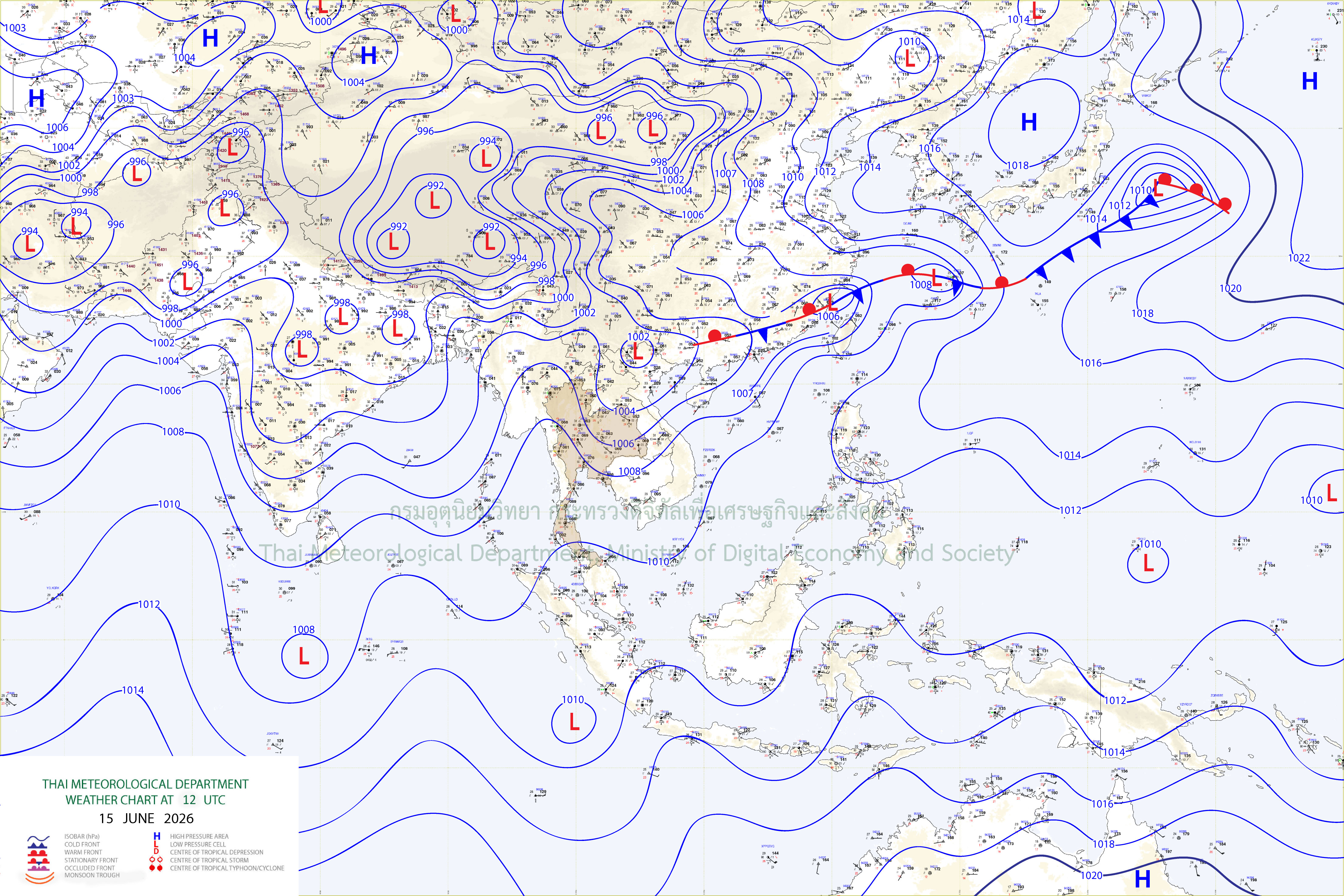 แผนที่อากาศผิวพื้น 15 มิถุนายน 2569 19:00