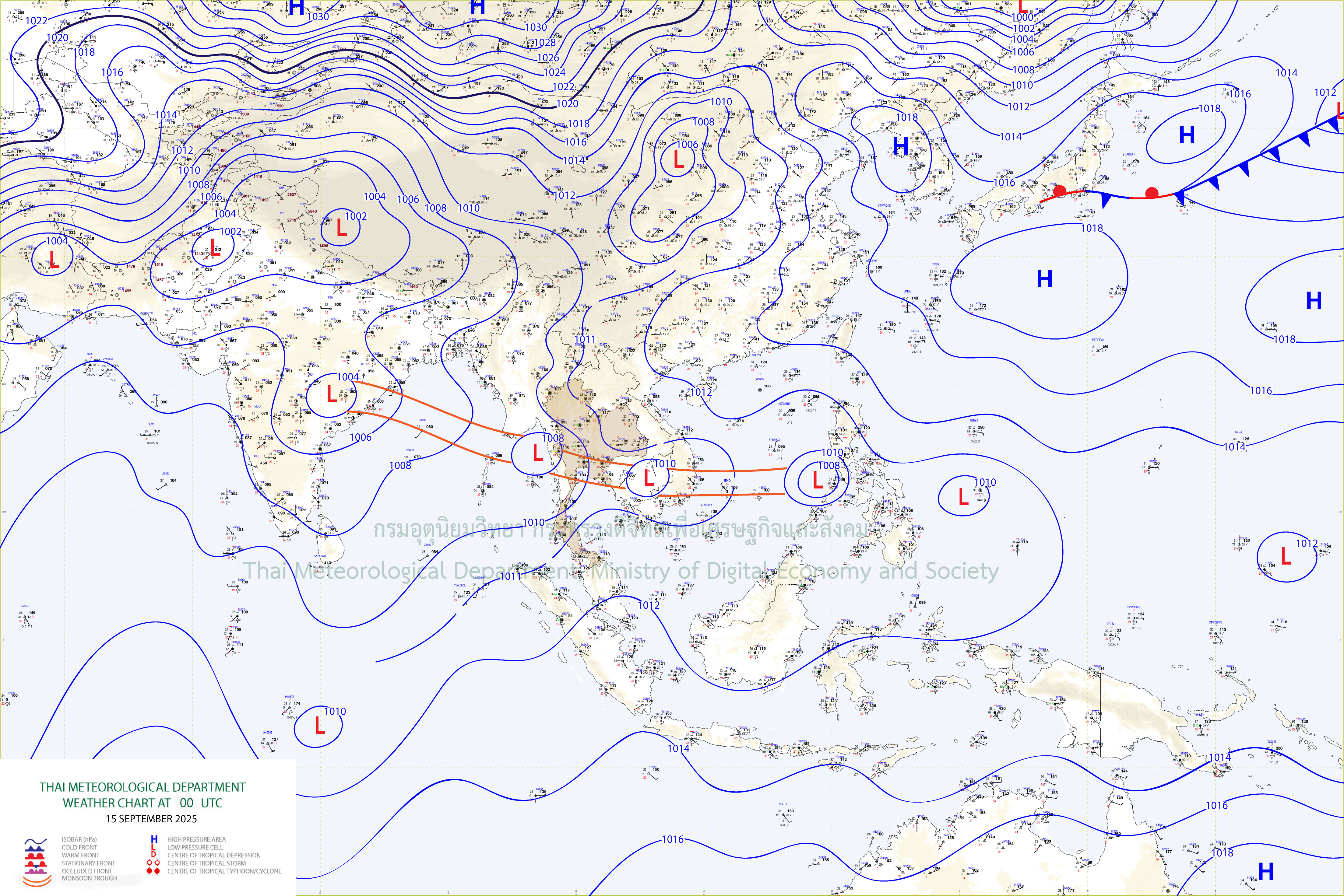 แผนที่อากาศผิวพื้น 15 กันยายน 2568 07:00
