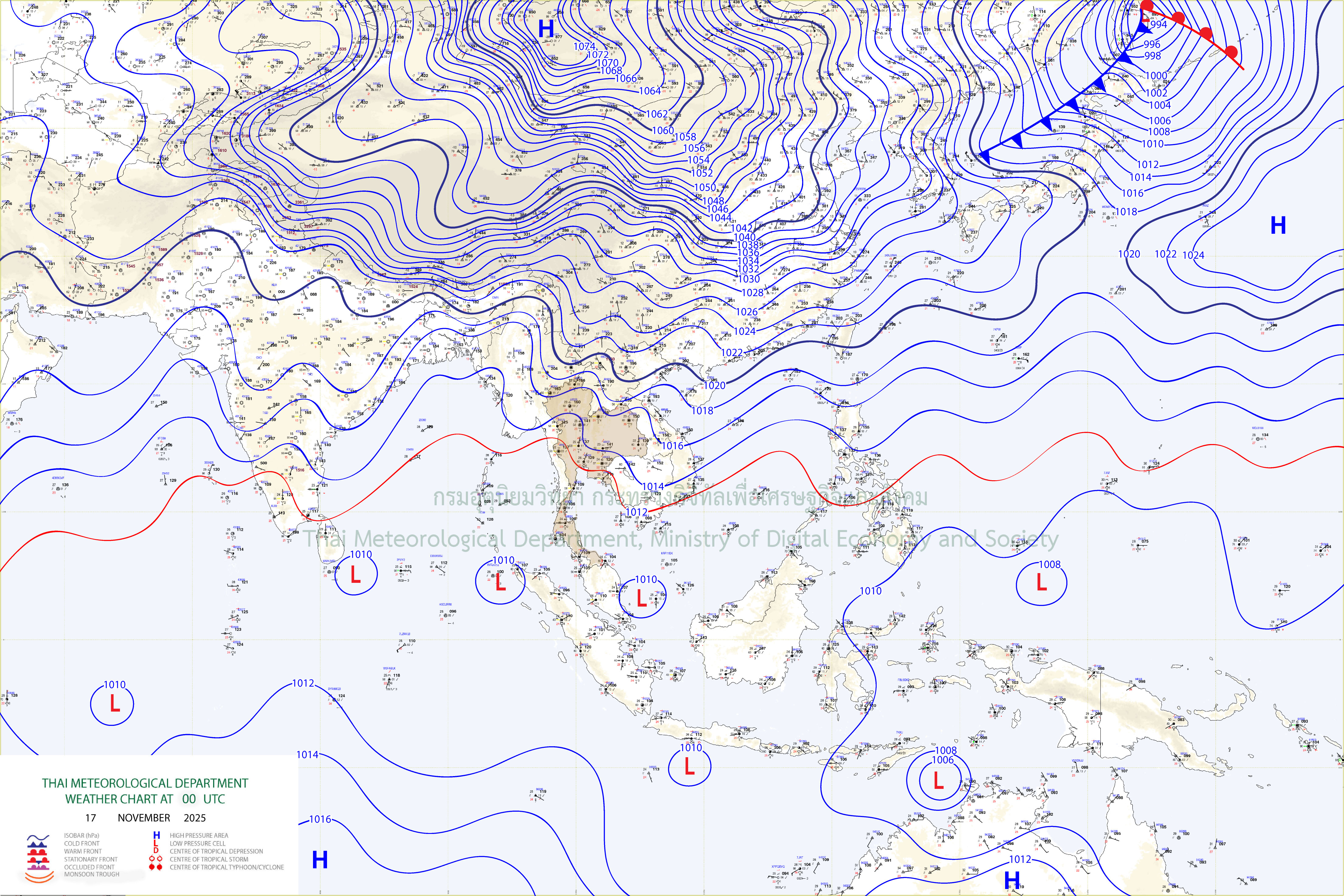 แผนที่อากาศผิวพื้น 17 พฤศจิกายน 2568 07:00