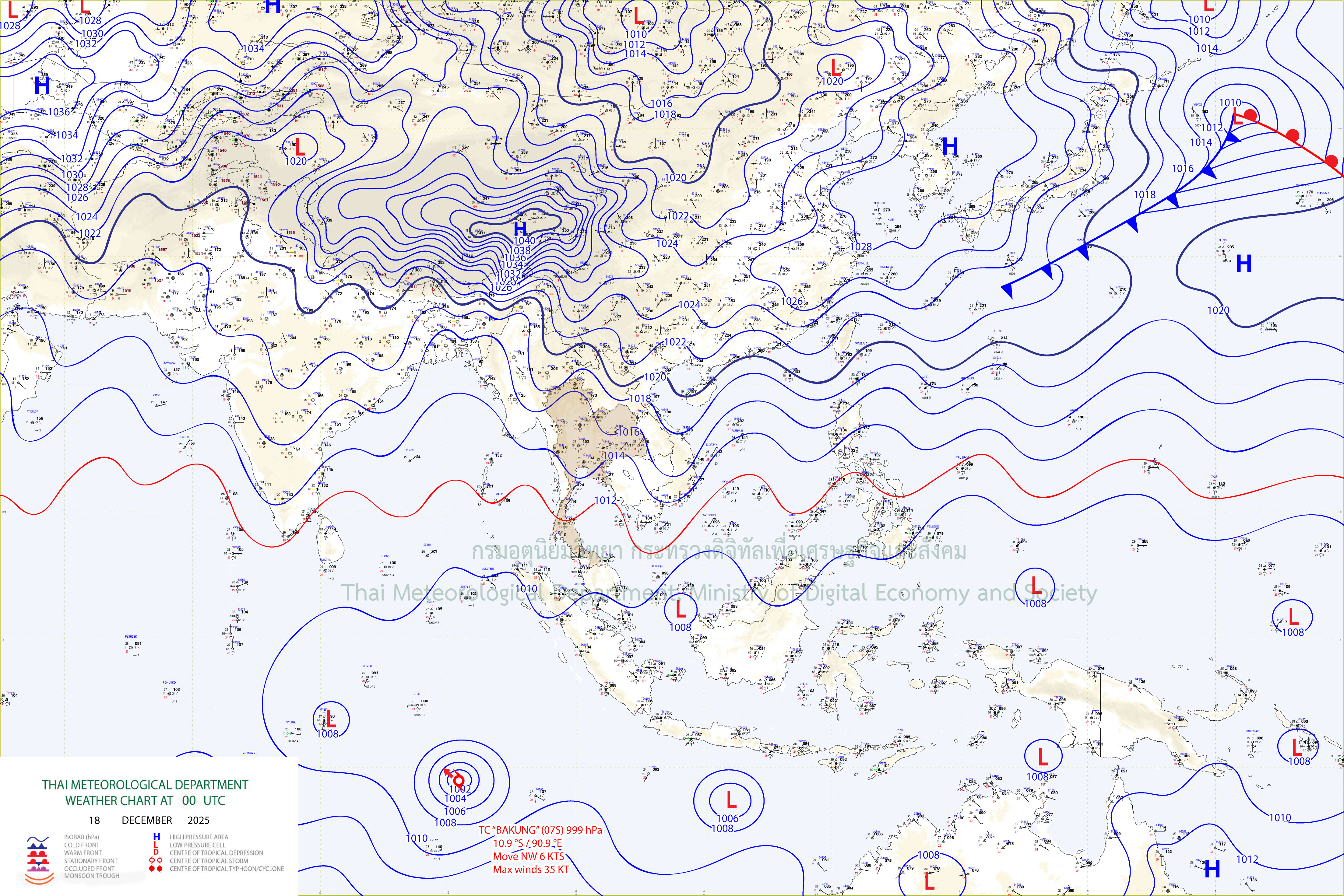แผนที่อากาศผิวพื้น 18 ธันวาคม 2568 07:00