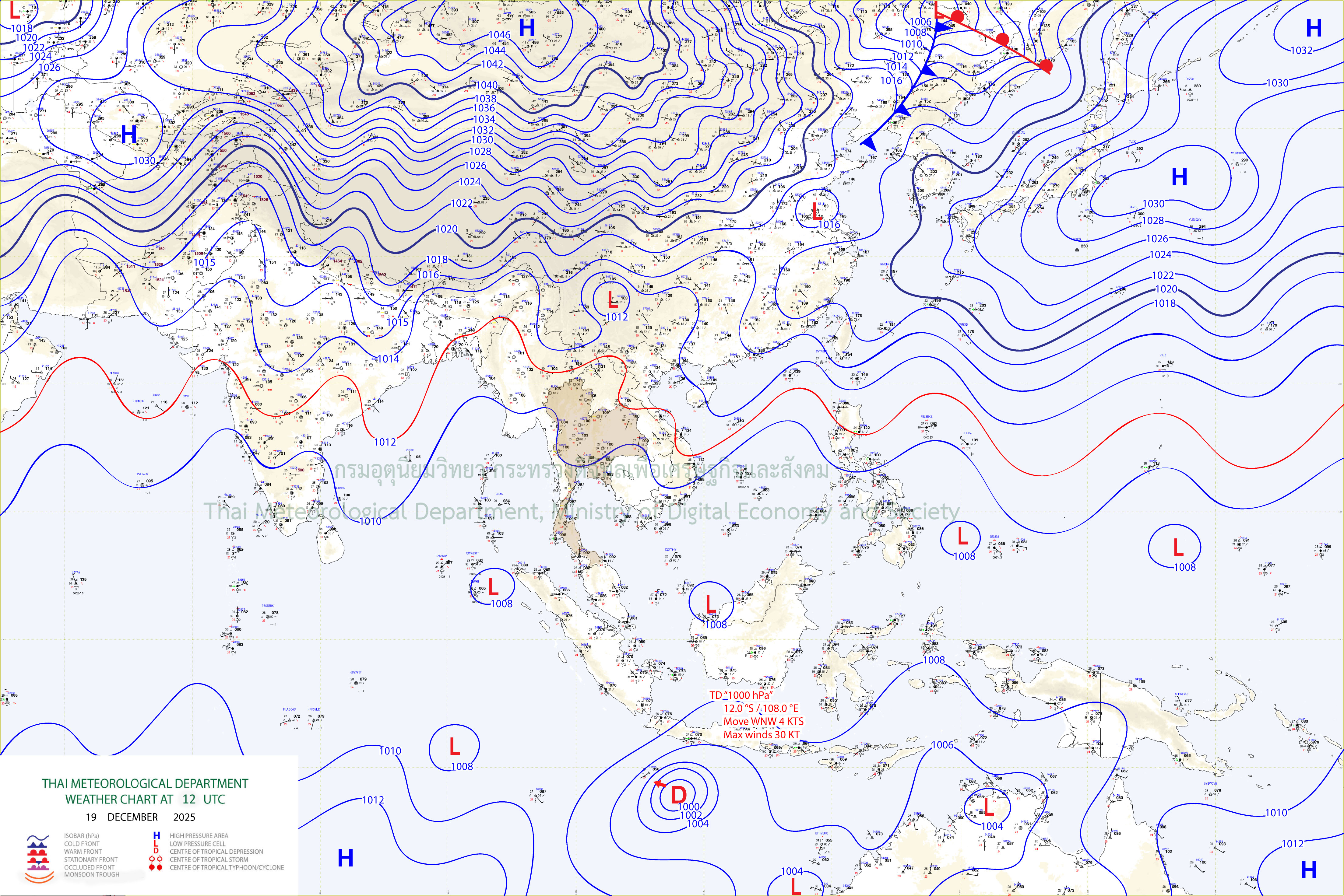 แผนที่อากาศผิวพื้น 19 ธันวาคม 2568 19:00