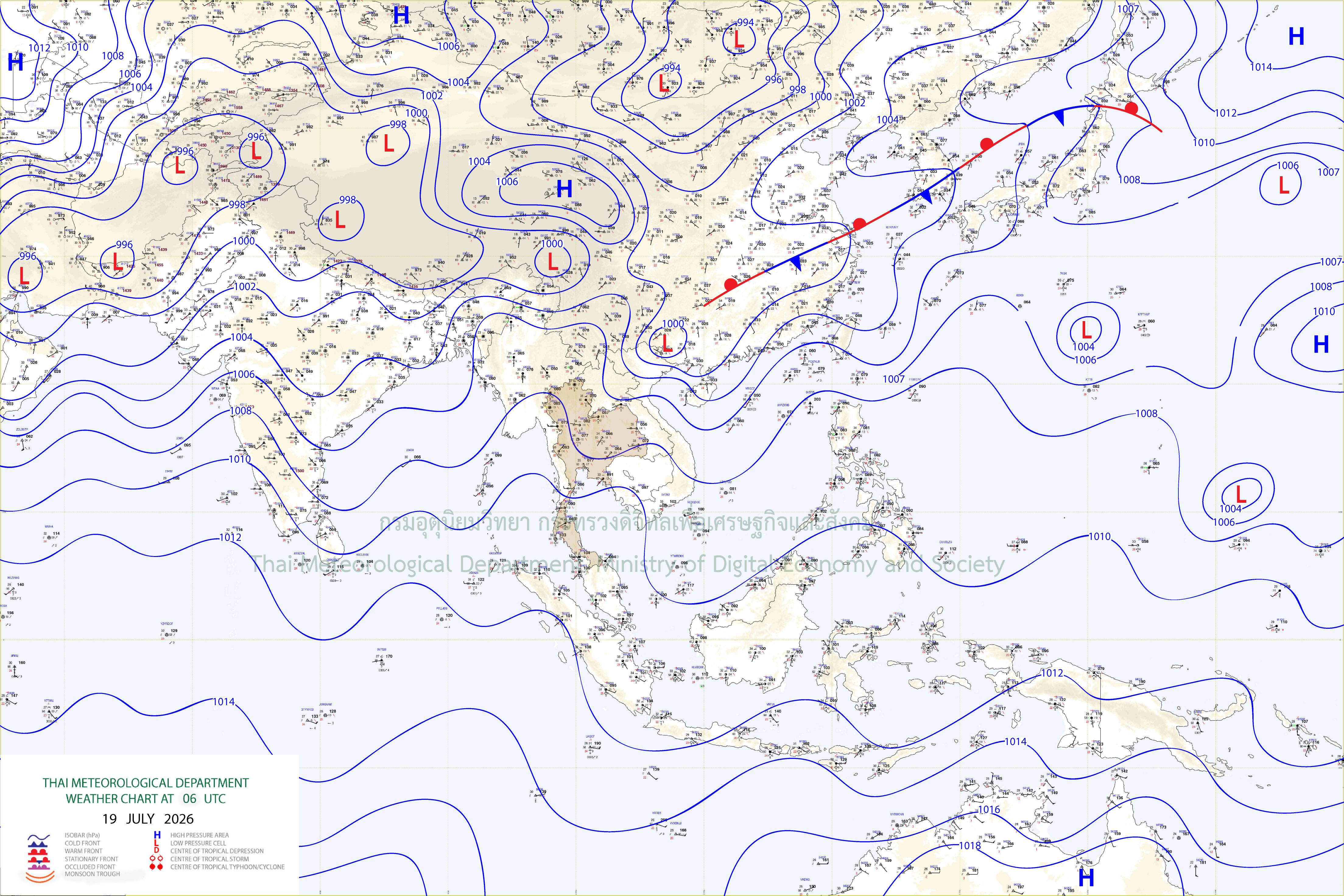 แผนที่อากาศผิวพื้น 19 กรกฎาคม 2569 13:00