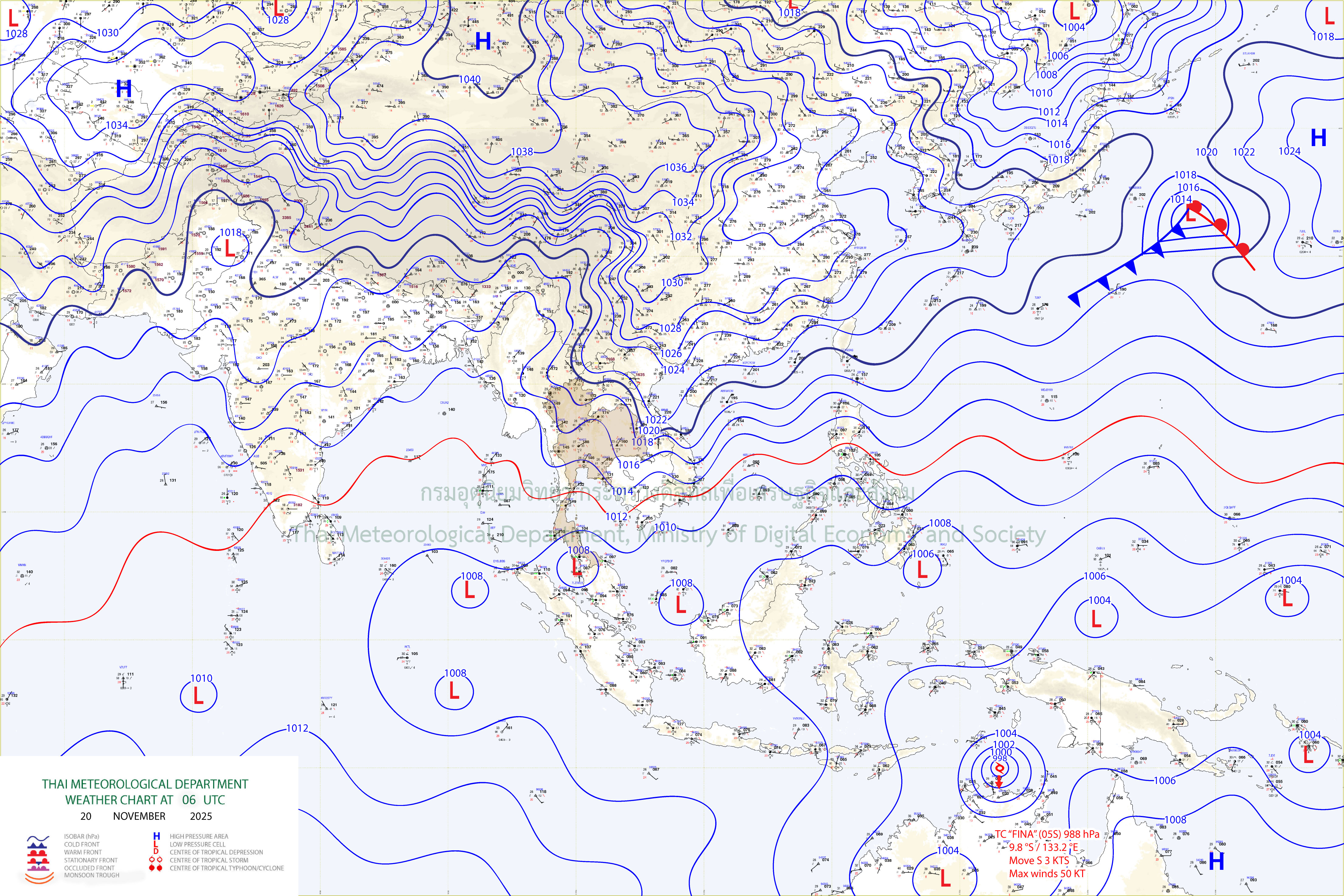 แผนที่อากาศผิวพื้น 20 พฤศจิกายน 2568 13:00