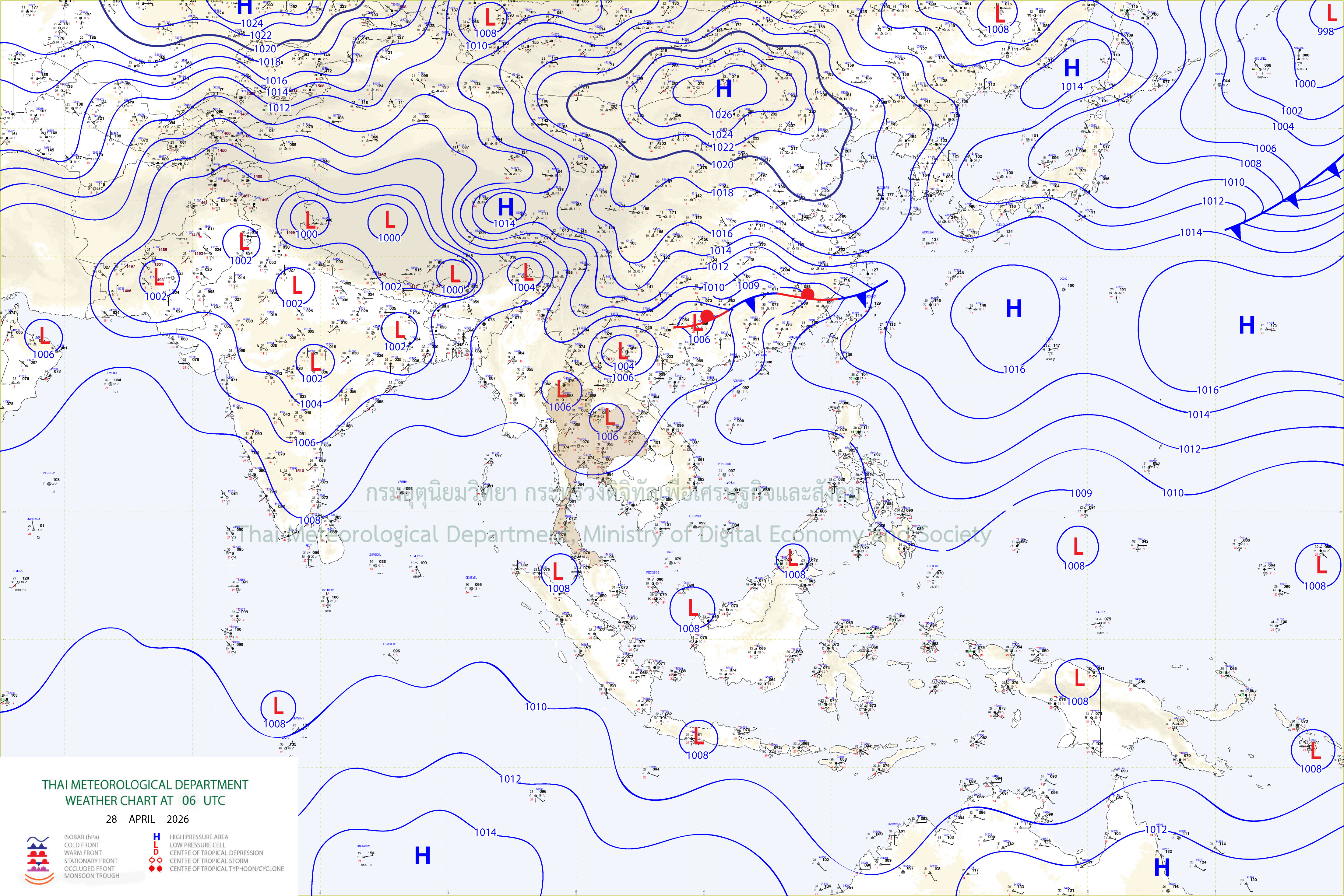 แผนที่อากาศผิวพื้น 28 เมษายน 2569 13:00