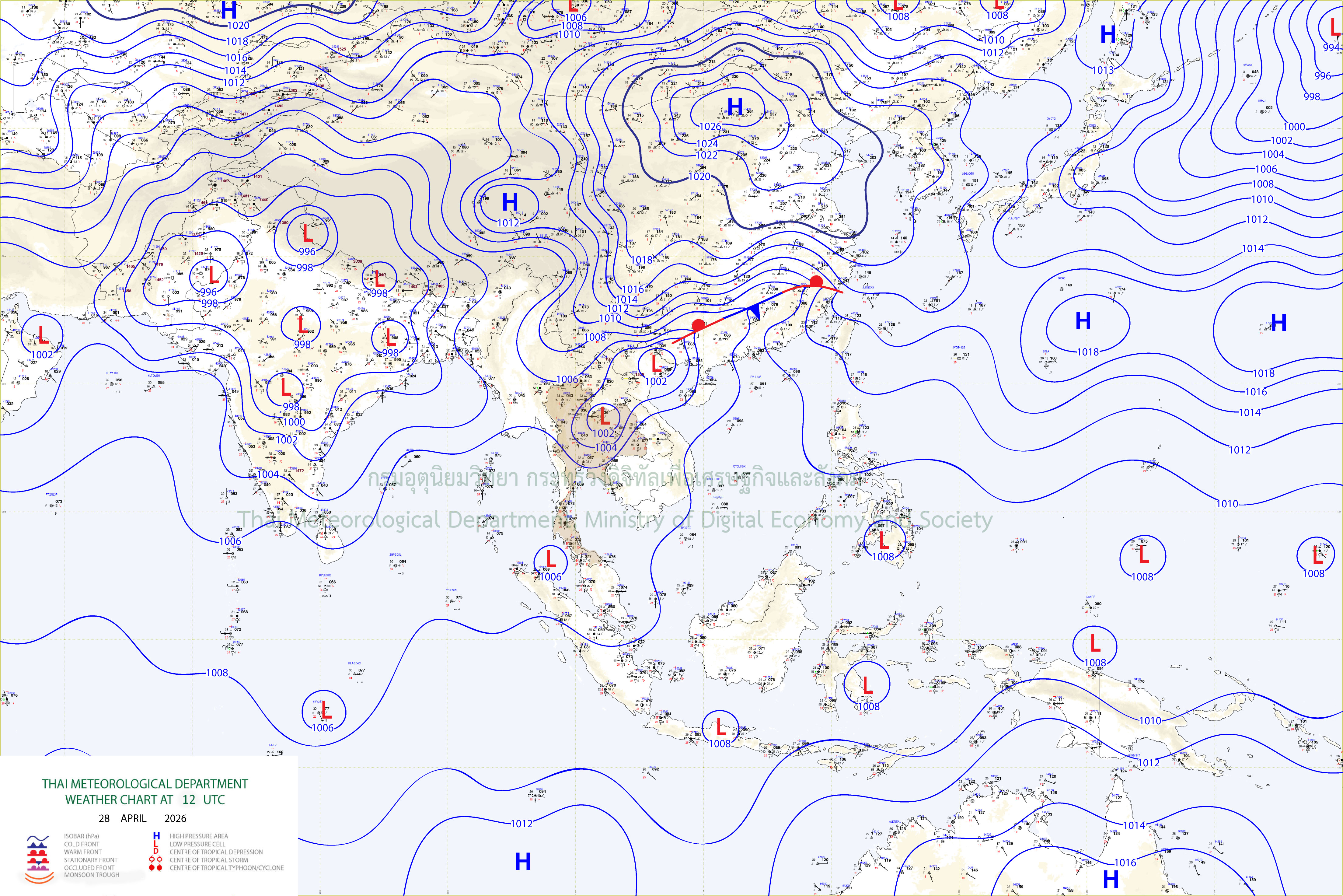 แผนที่อากาศผิวพื้น 28 เมษายน 2569 19:00
