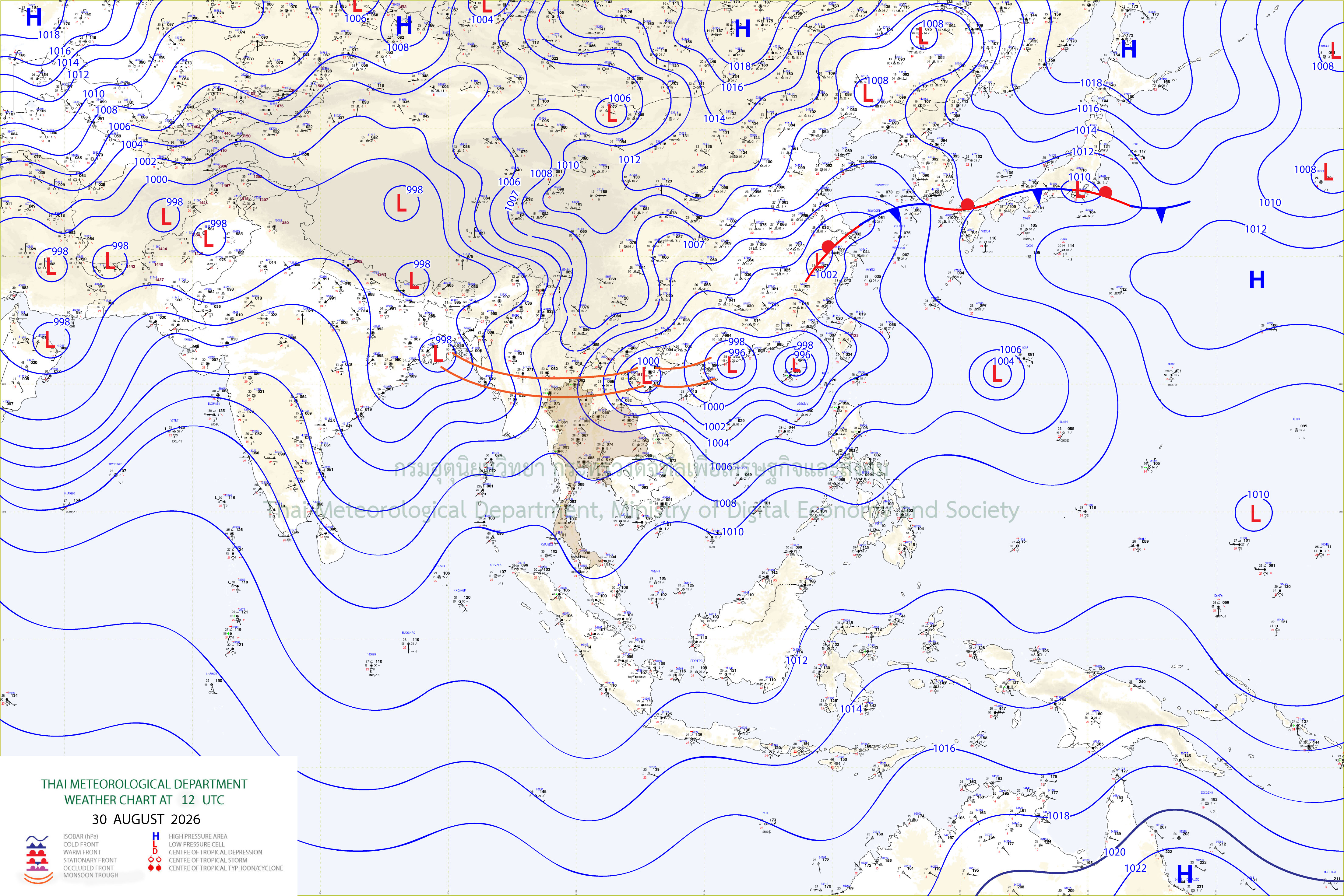 แผนที่อากาศผิวพื้น 30 สิงหาคม 2569 19:00
