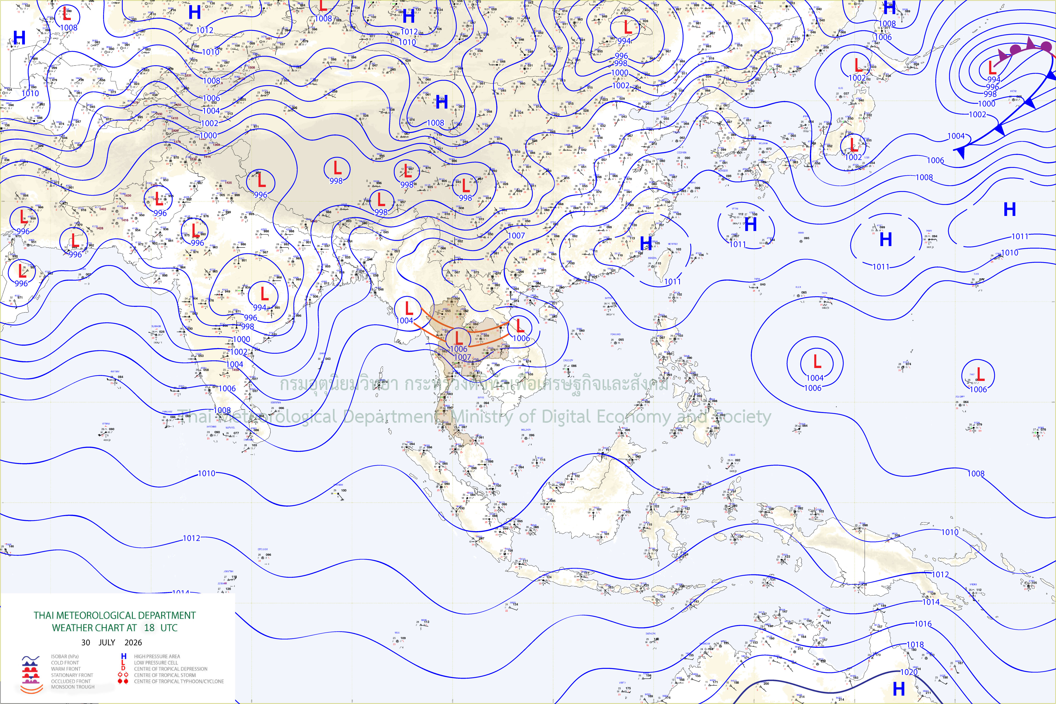 แผนที่อากาศผิวพื้น 31 กรกฎาคม 2569 01:00