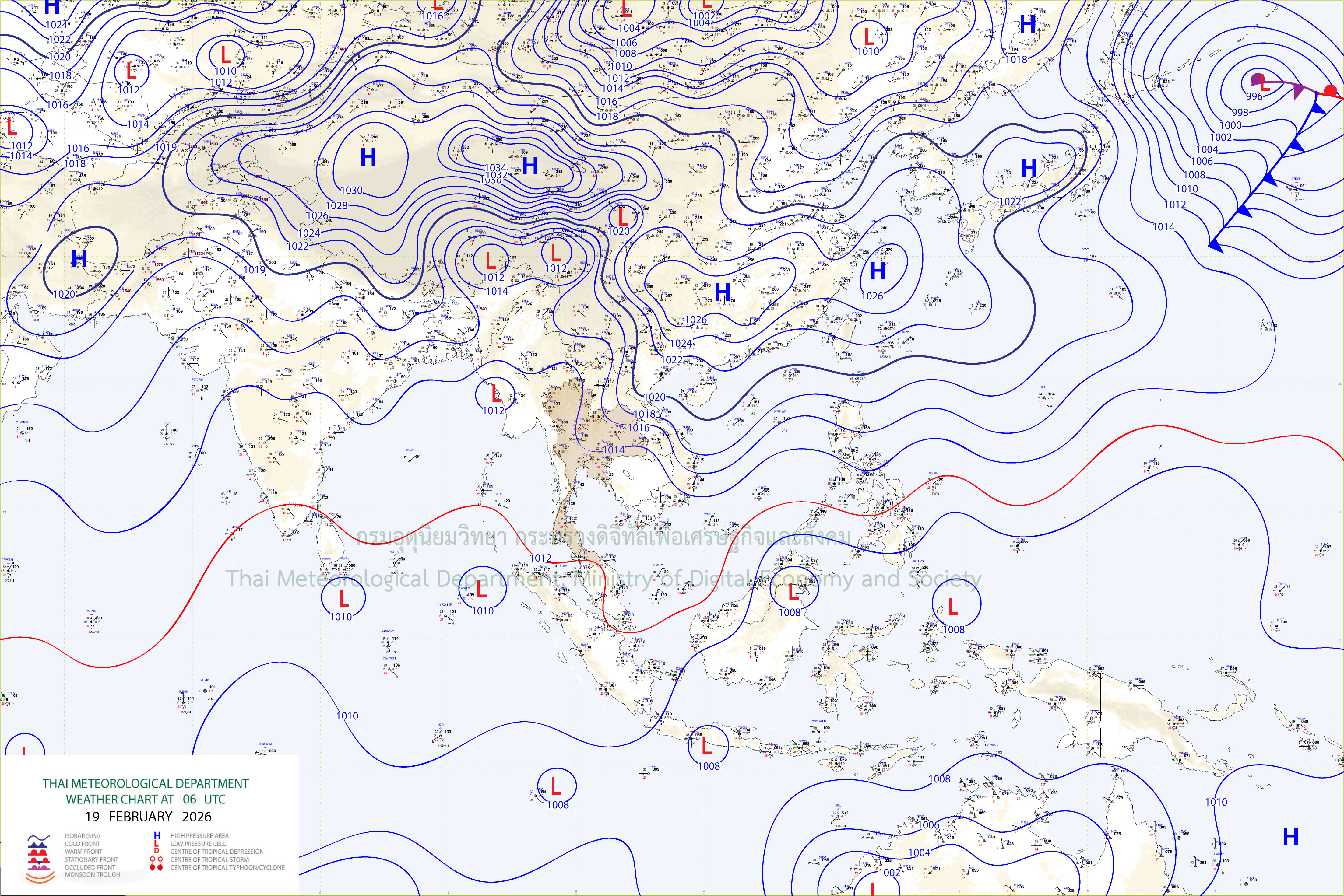 แผนที่อากาศผิวพื้น 19 กุมภาพันธ์ 2569 13:00