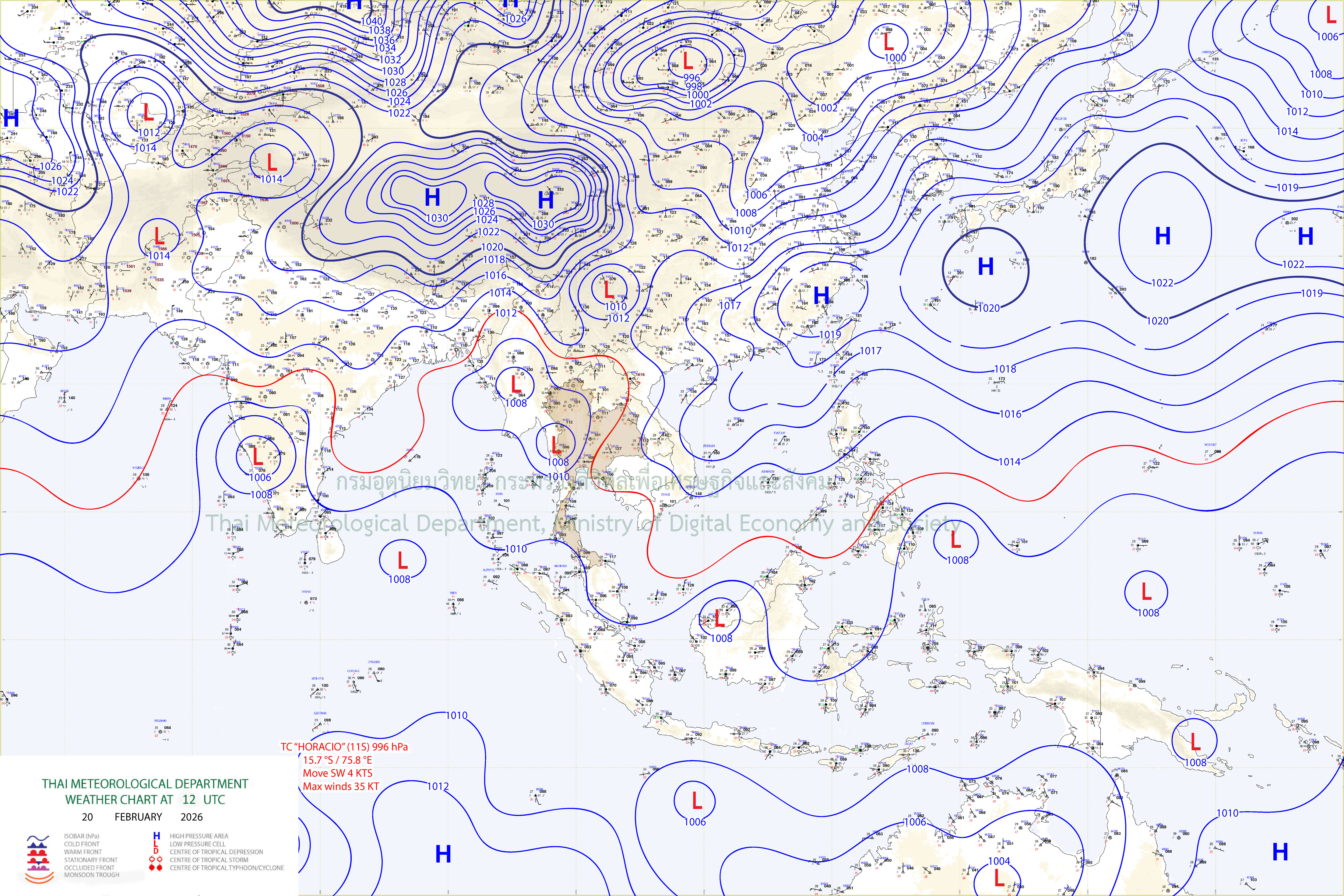 แผนที่อากาศผิวพื้น 20 กุมภาพันธ์ 2569 19:00